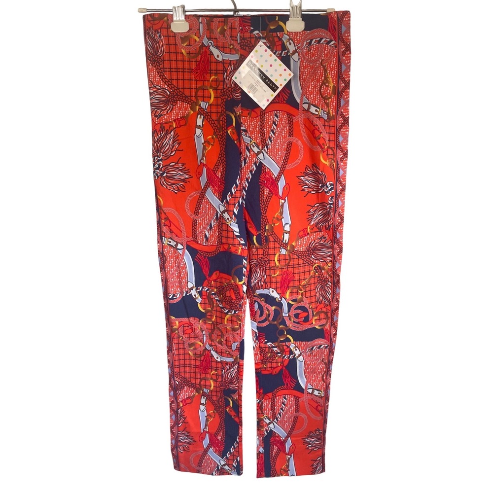 Gretchen Scott Womens Gripeless Pull On Pants Orange Navy Equestrian Print S NEW